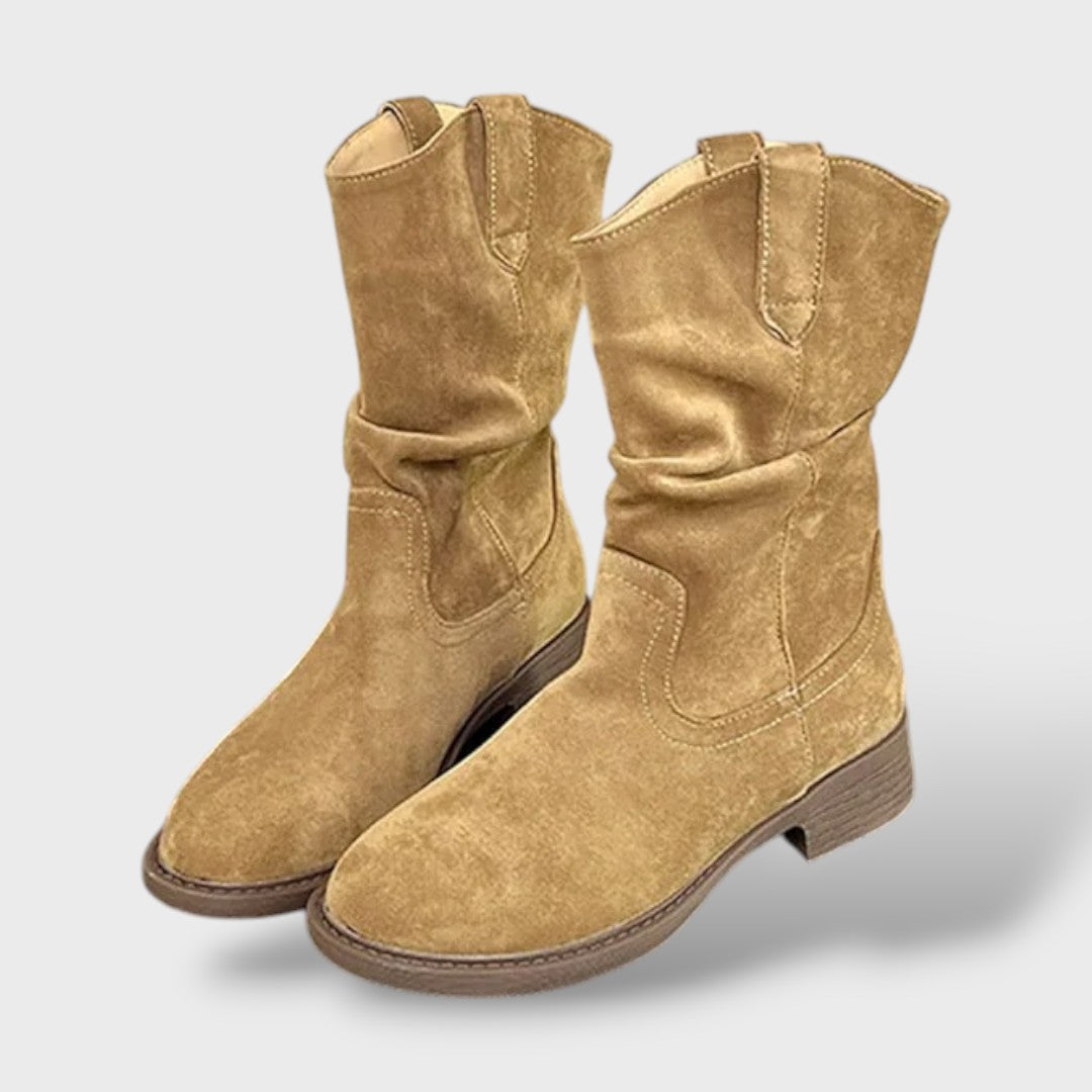 Mid-Calf Suede Boots with Chunky Heel Cowboy Style
