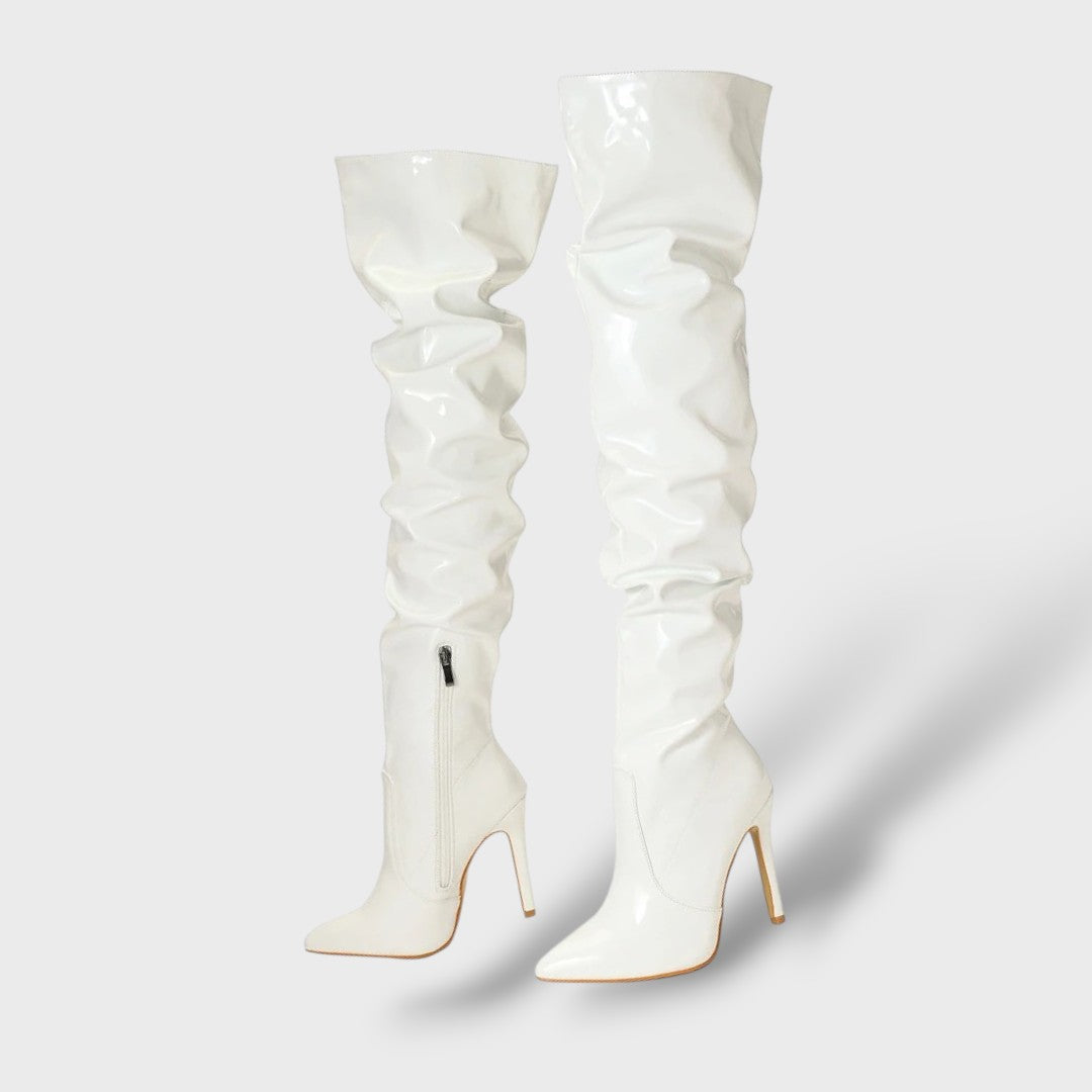 High Glossy Patent Leather Knee-High Boots with Stiletto Heel