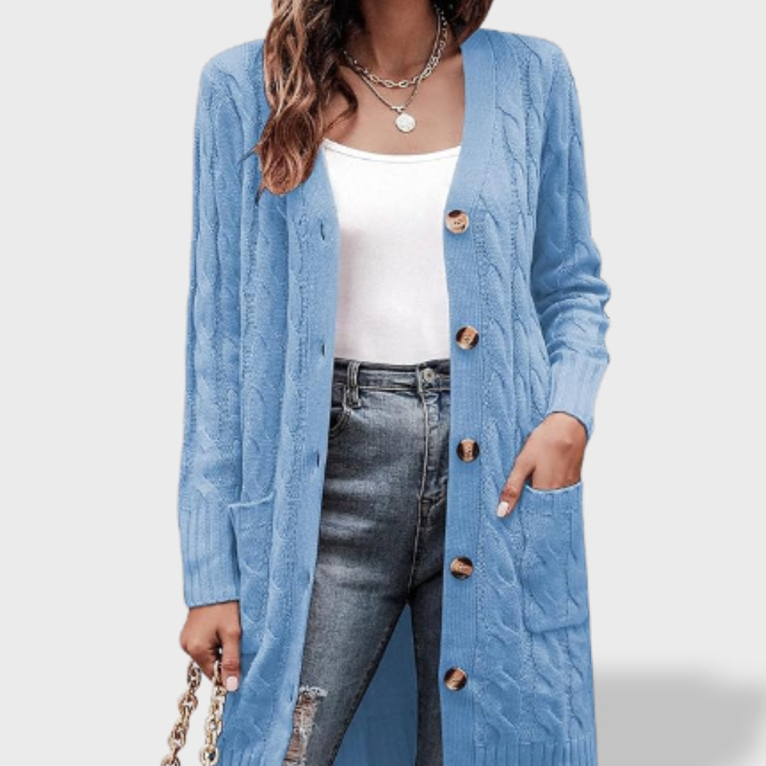 Clara Long Knit Cardigan for Women with Buttons and Pockets