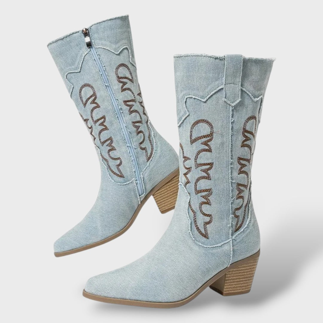 Embroidered Denim Cowboy Boots