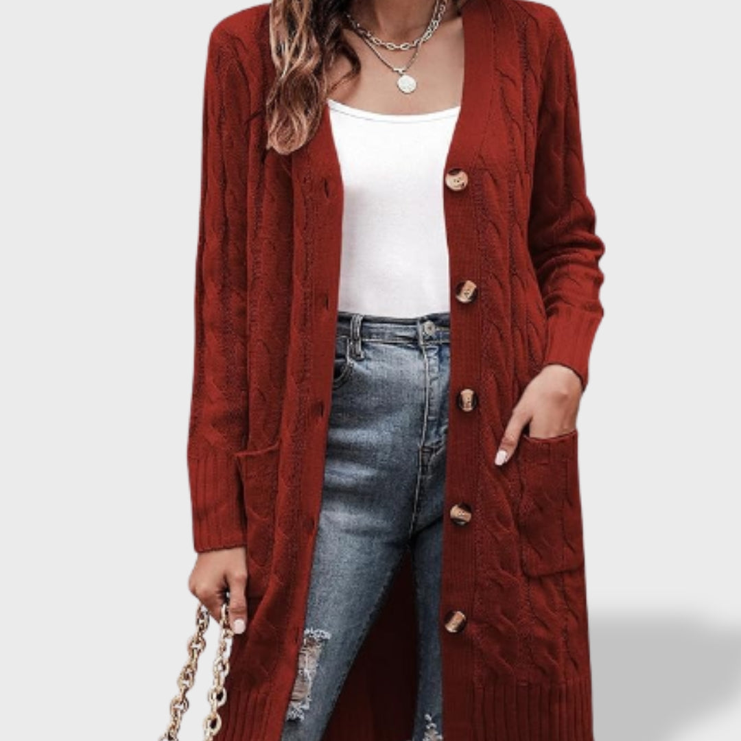 Clara Long Knit Cardigan for Women with Buttons and Pockets