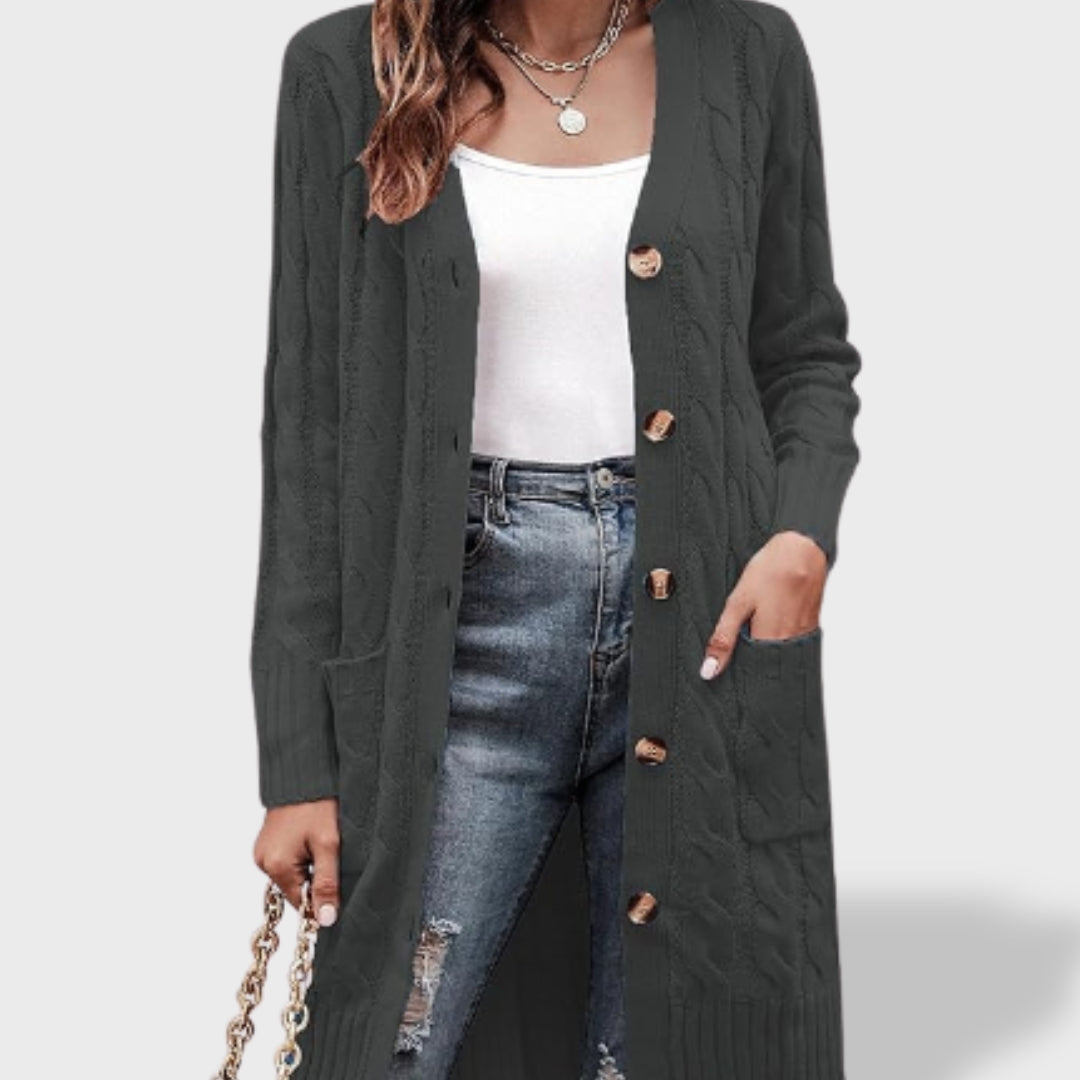 Clara Long Knit Cardigan for Women with Buttons and Pockets