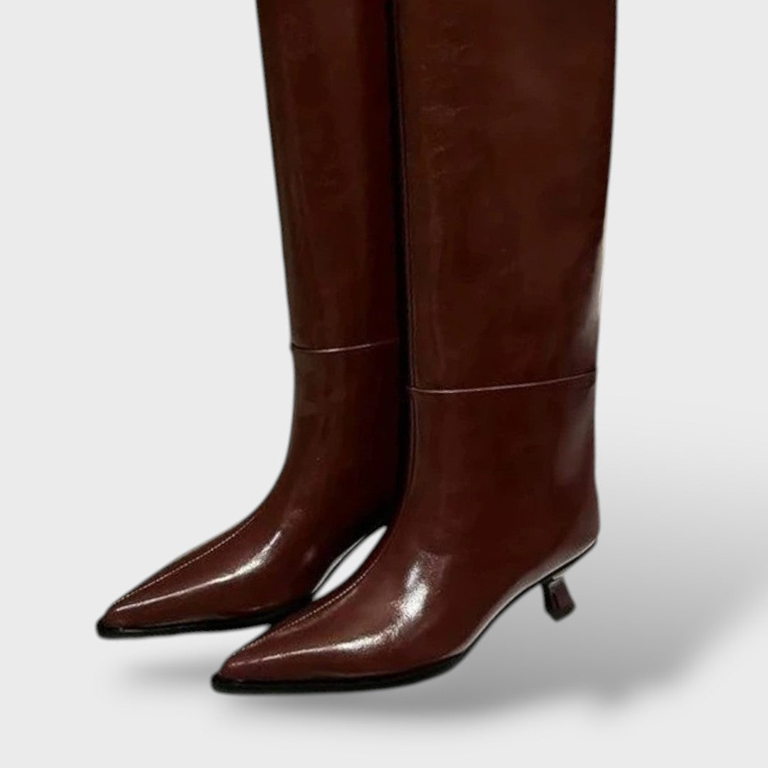 High Leather Boots with Low Heel