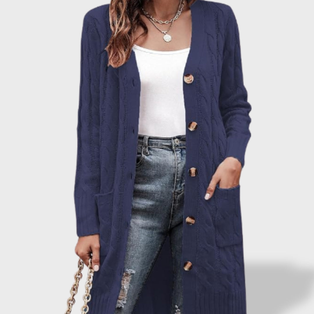 Clara Long Knit Cardigan for Women with Buttons and Pockets