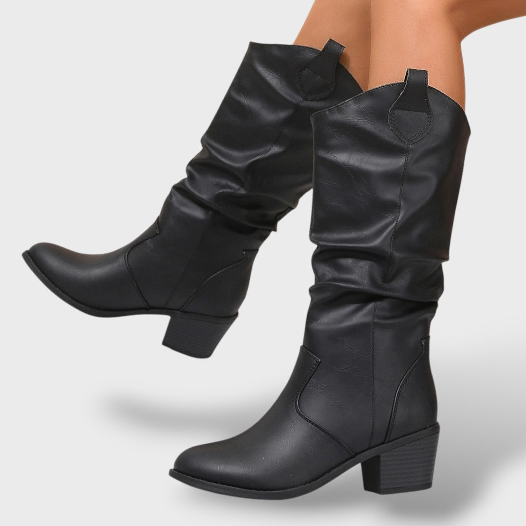 High-Top Leather Western Style Boots for Women – Pleated Design with Chunky Heel
