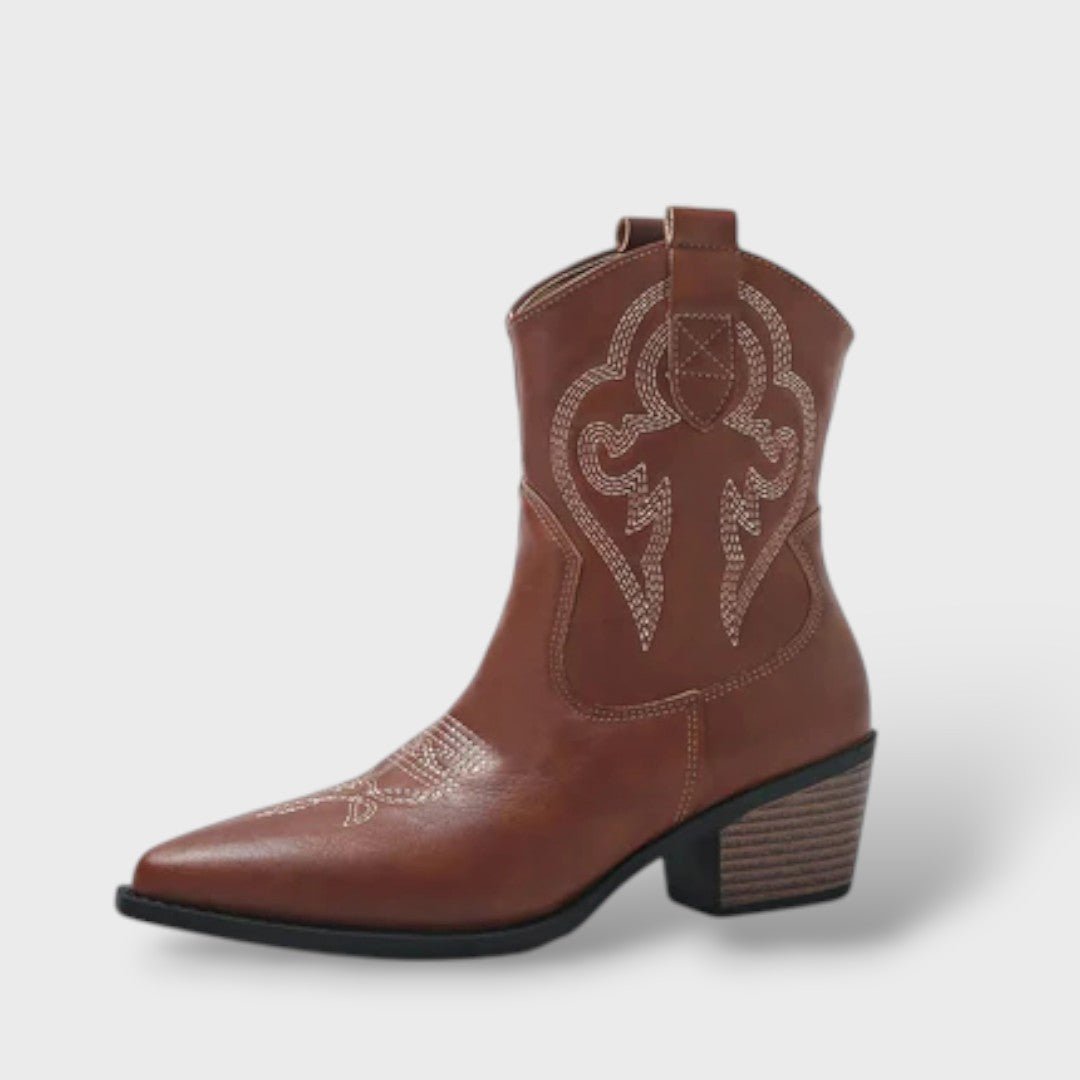 Embroidered Retro Boots with Wide Heel