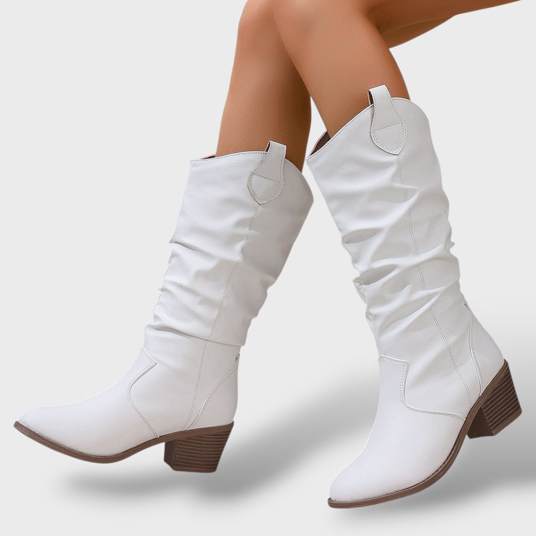 High-Top Leather Western Style Boots for Women – Pleated Design with Chunky Heel
