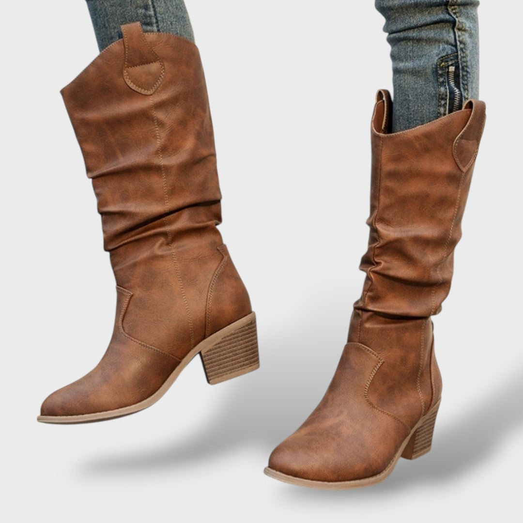 High-Top Leather Western Style Boots for Women – Pleated Design with Chunky Heel