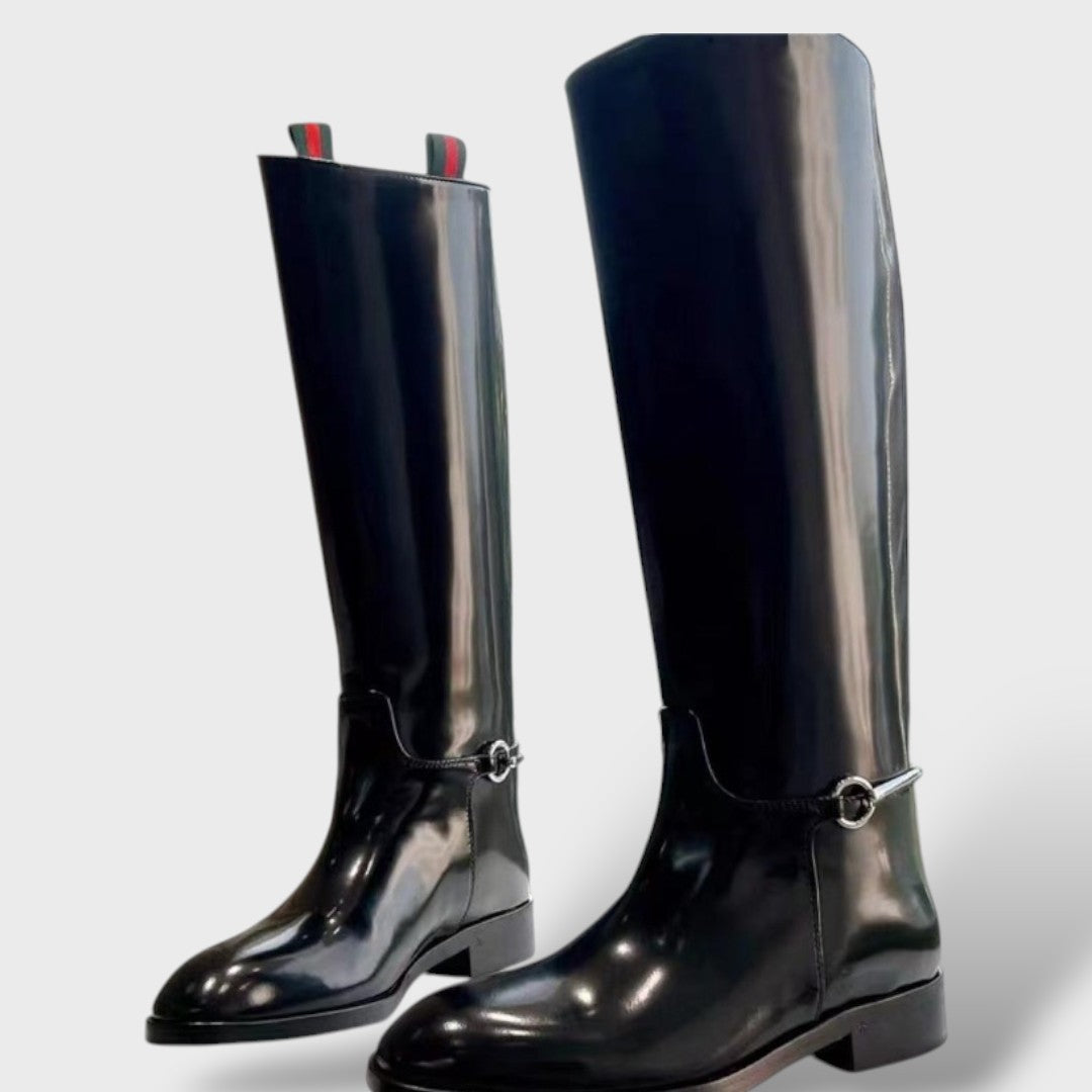 Long Patent Leather Boots with Low Heel – Modern and Comfortable Style