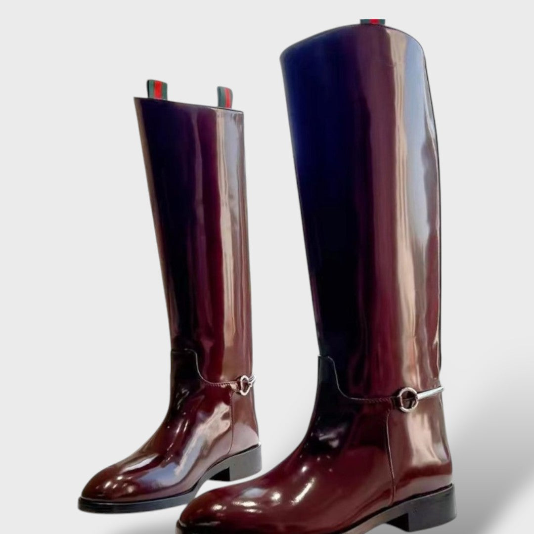 Long Patent Leather Boots with Low Heel – Modern and Comfortable Style