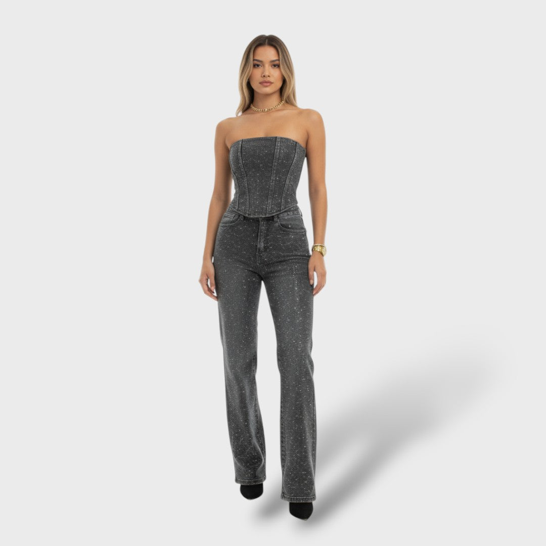 Shiny Women's Set with High-Waisted Jeans