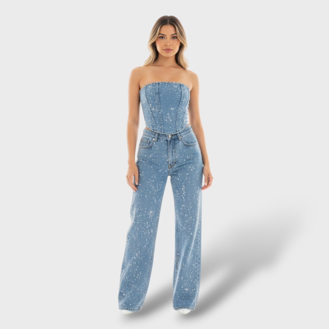 Shiny Women's Set with High-Waisted Jeans
