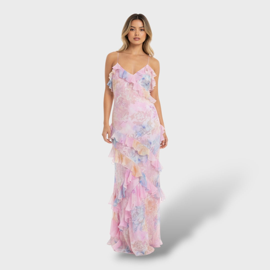 Long dress with ruffles and open back