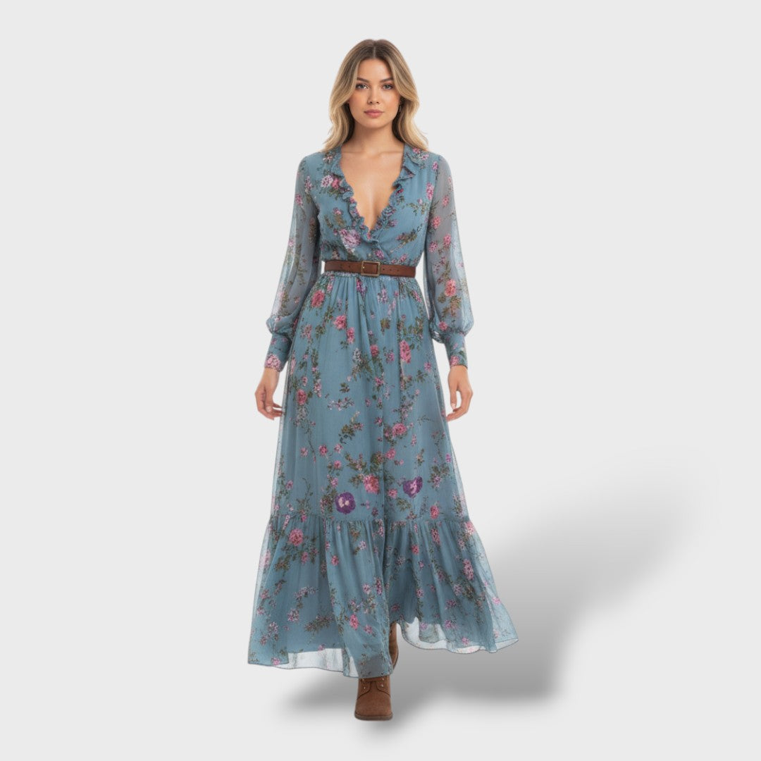Long Floral Boho Dress with Long Sleeves