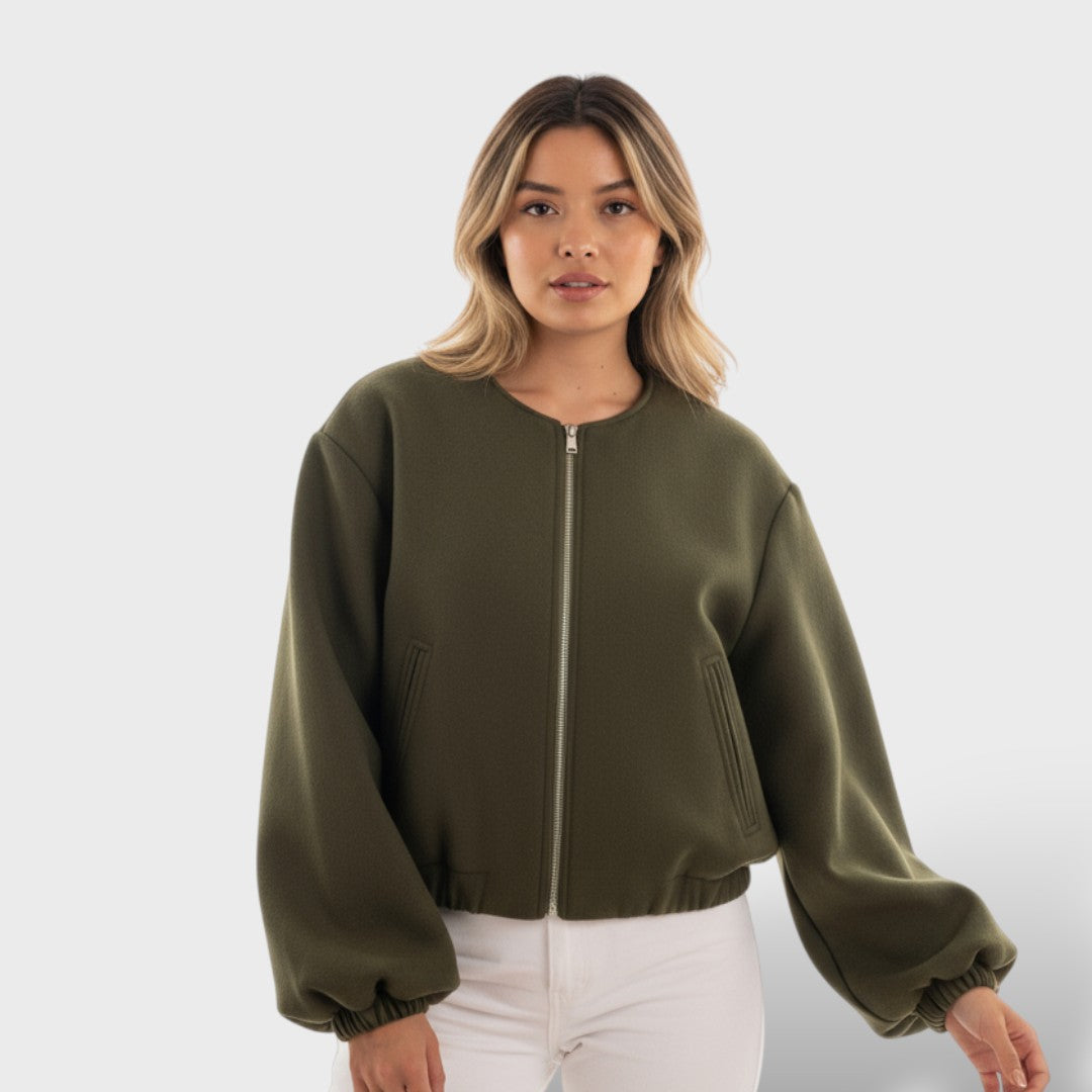 Soft Bomber Jacket with Zipper and Elastic Hem