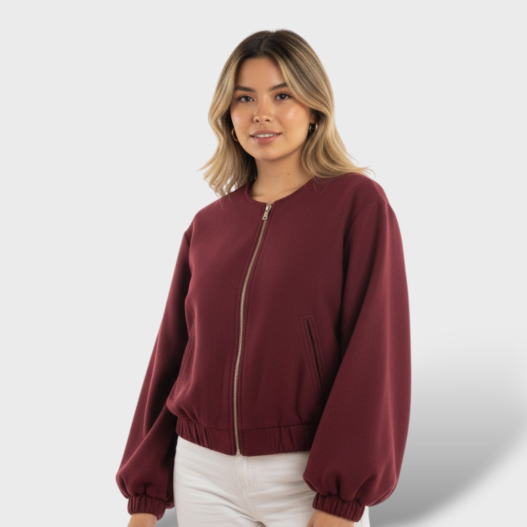 Soft Bomber Jacket with Zipper and Elastic Hem