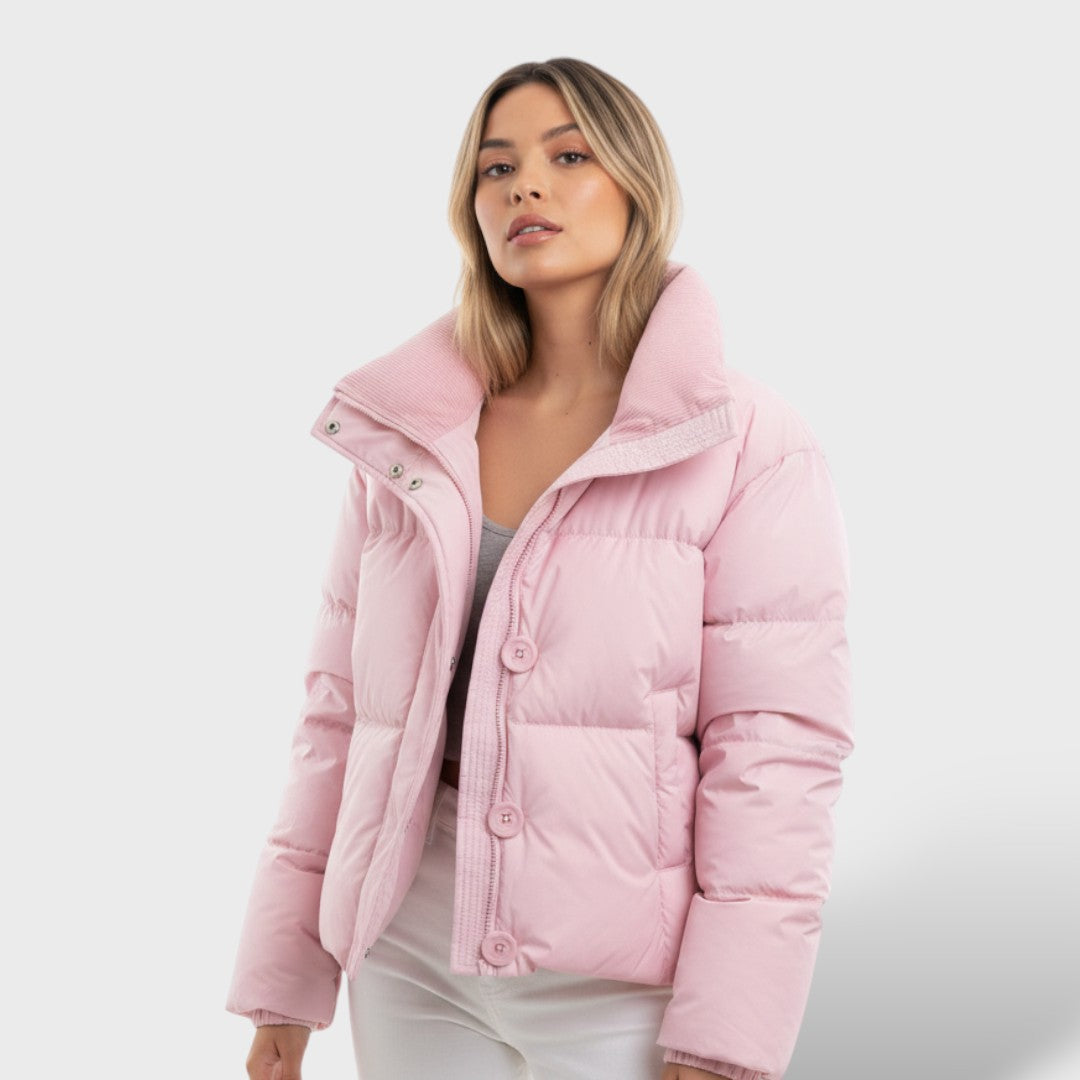 Short Padded Jacket with High Collar and Down Filling