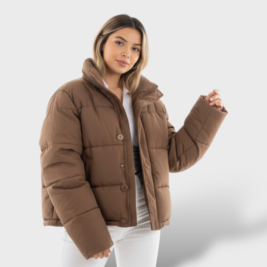 Short Padded Jacket with High Collar and Down Filling