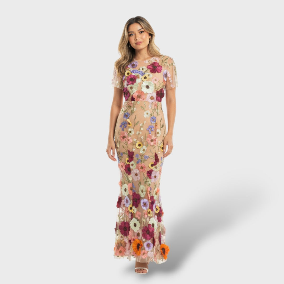 Long Lace Dress with Floral Embroidery