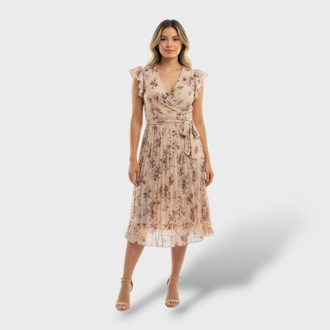 Crossed Floral Midi Dress with Bow Belt