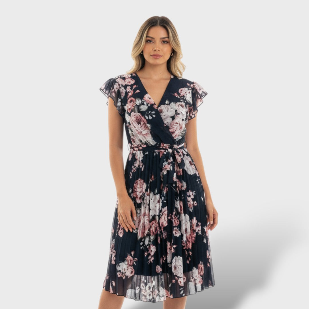 Crossed Floral Midi Dress with Bow Belt