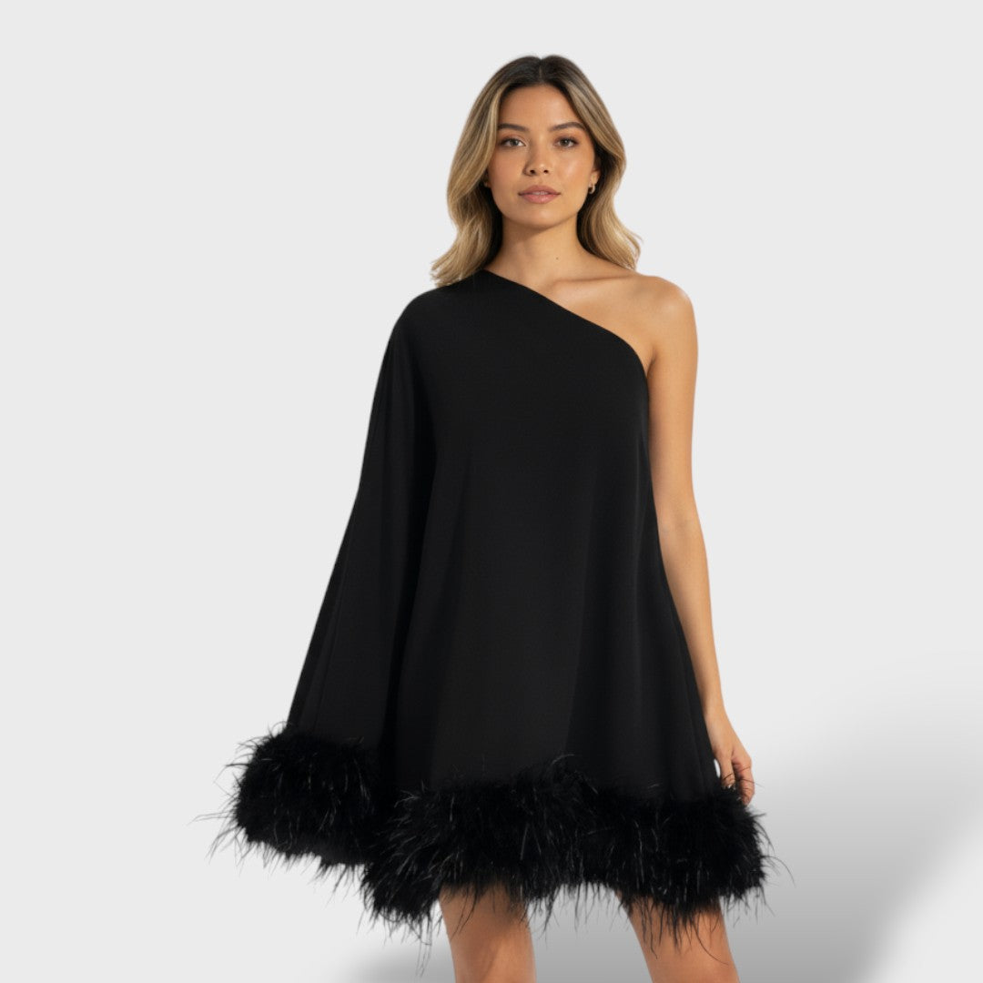 Asymmetrical Mini Dress with Feathers