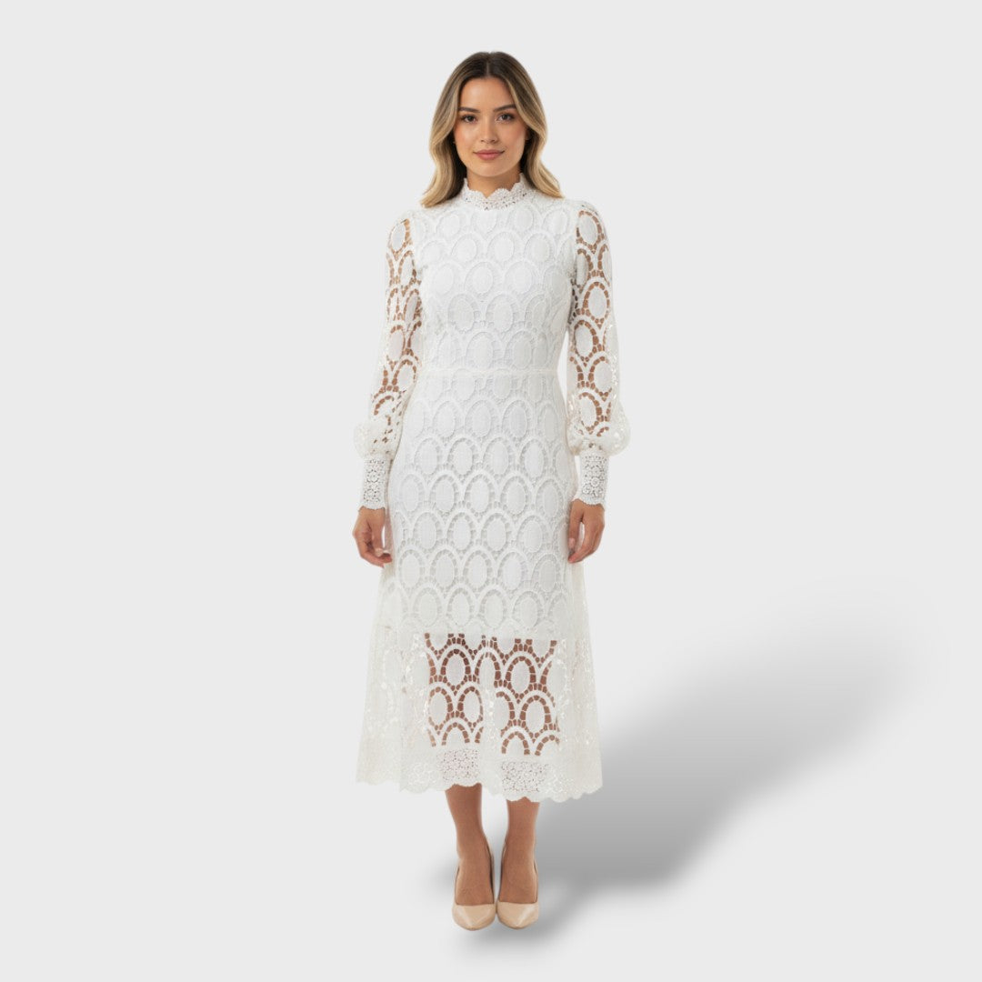 Lace Dress with Puff Sleeves and High Neck