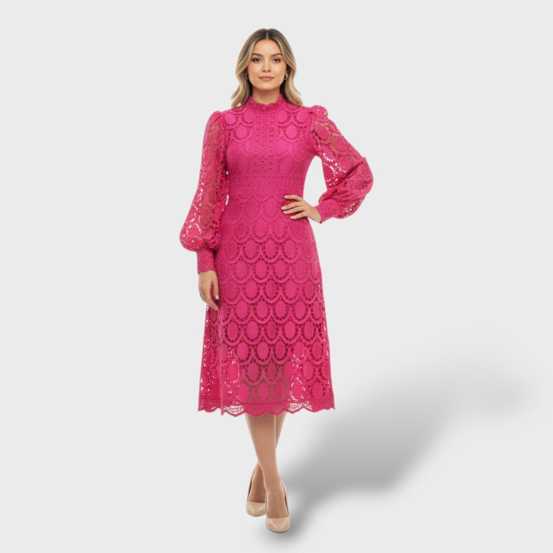 Lace Dress with Puff Sleeves and High Neck
