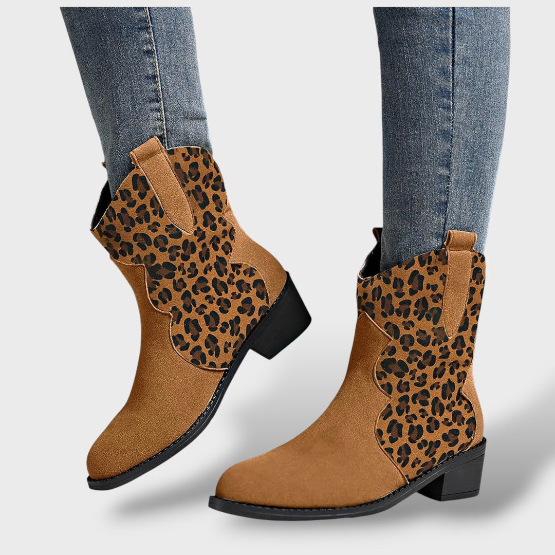 Women's Leopard Print Cowboy Boots with Pointed Toe in Suede