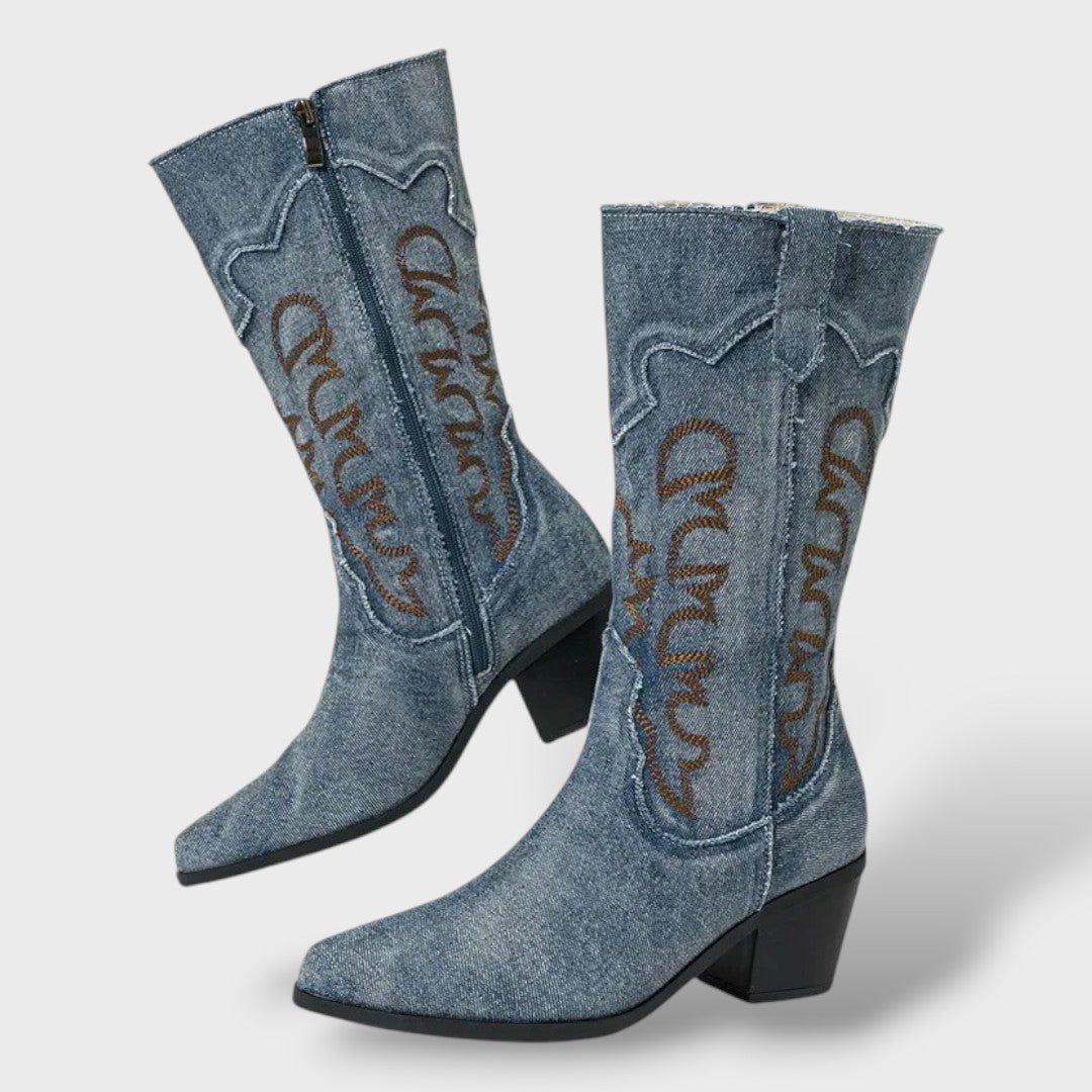 Embroidered Denim Cowboy Boots