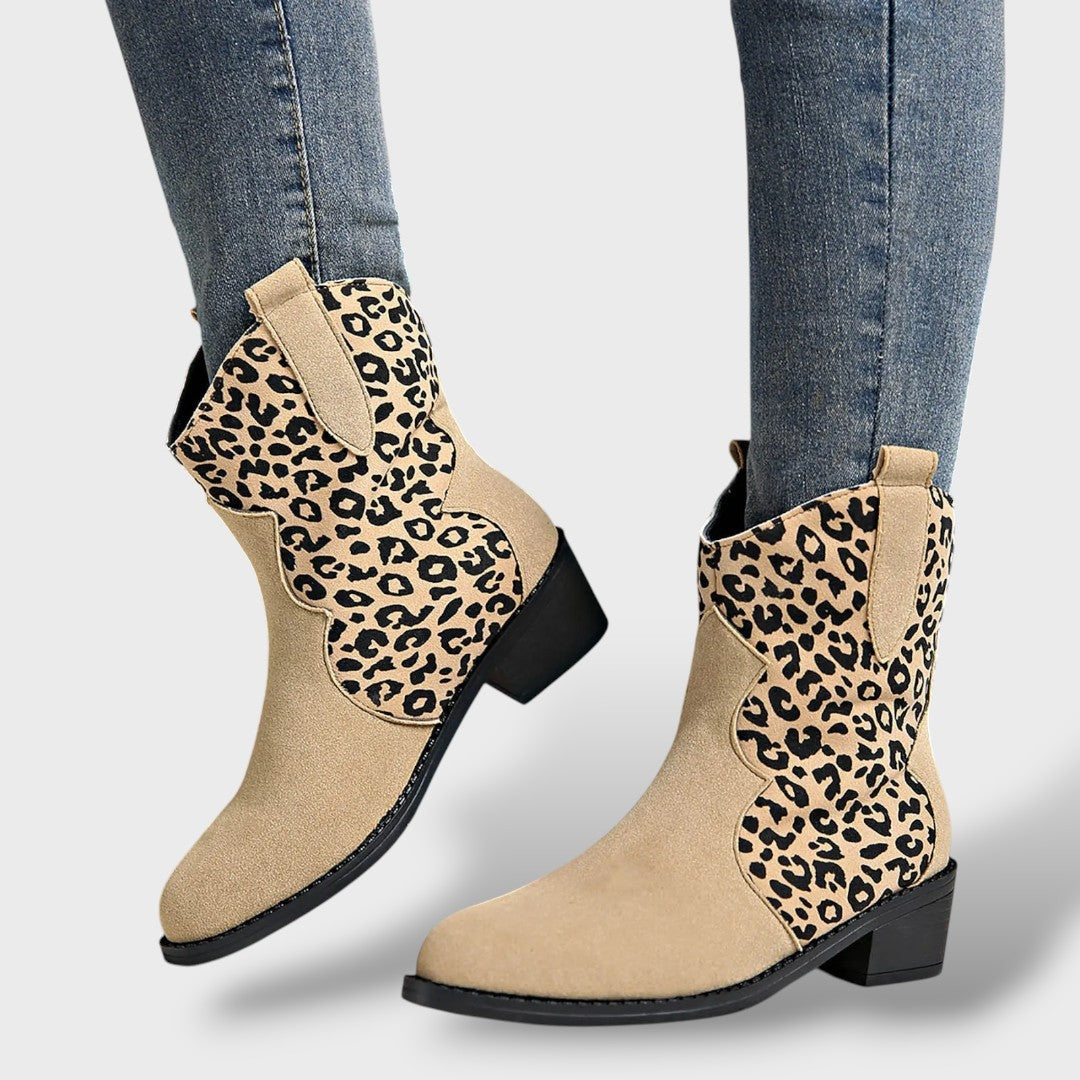 Women's Leopard Print Cowboy Boots with Pointed Toe in Suede