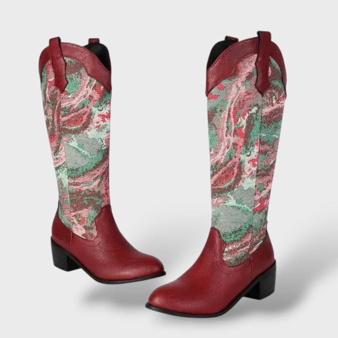 Elegant Women's Embroidered Square Heel Boots