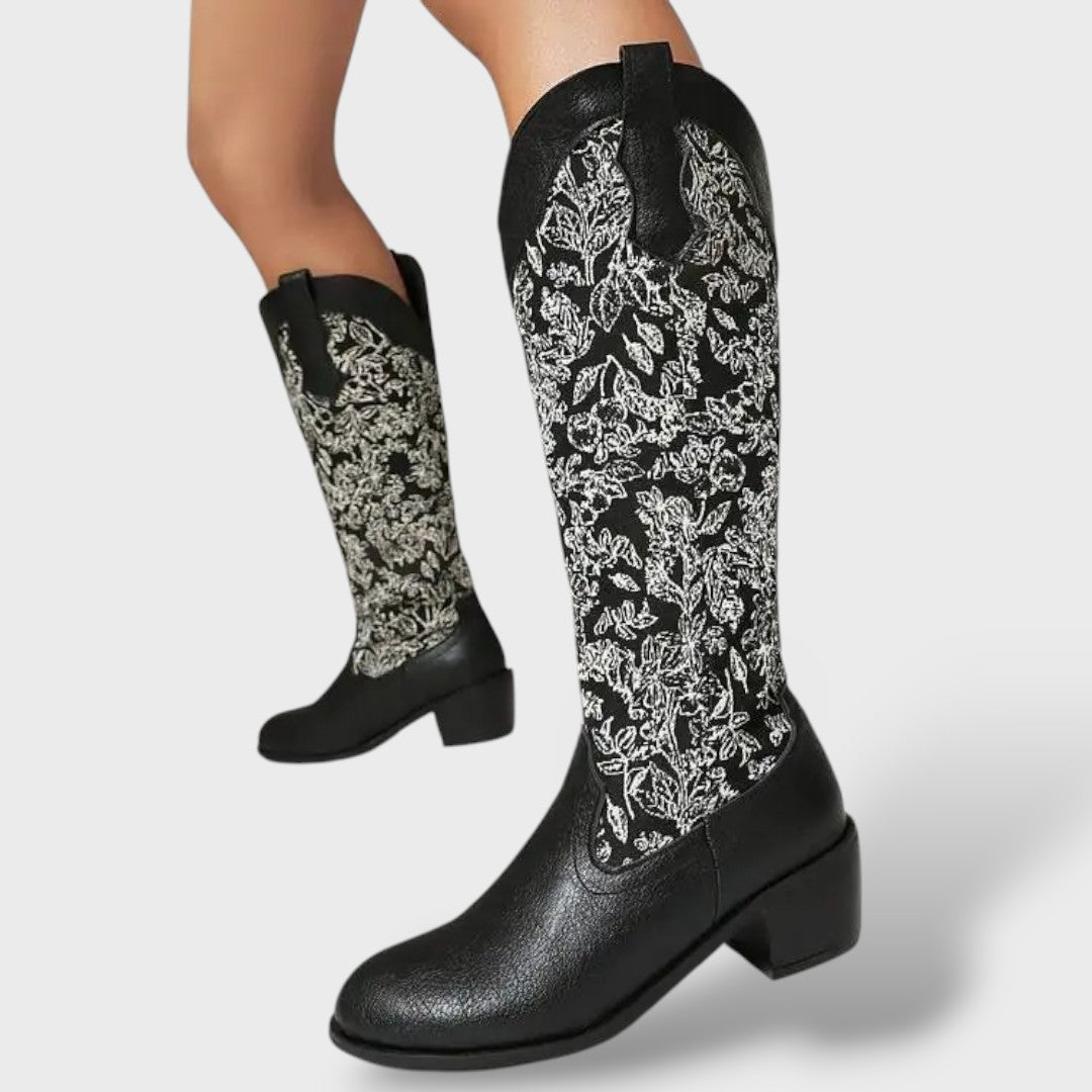 Elegant Women's Embroidered Square Heel Boots
