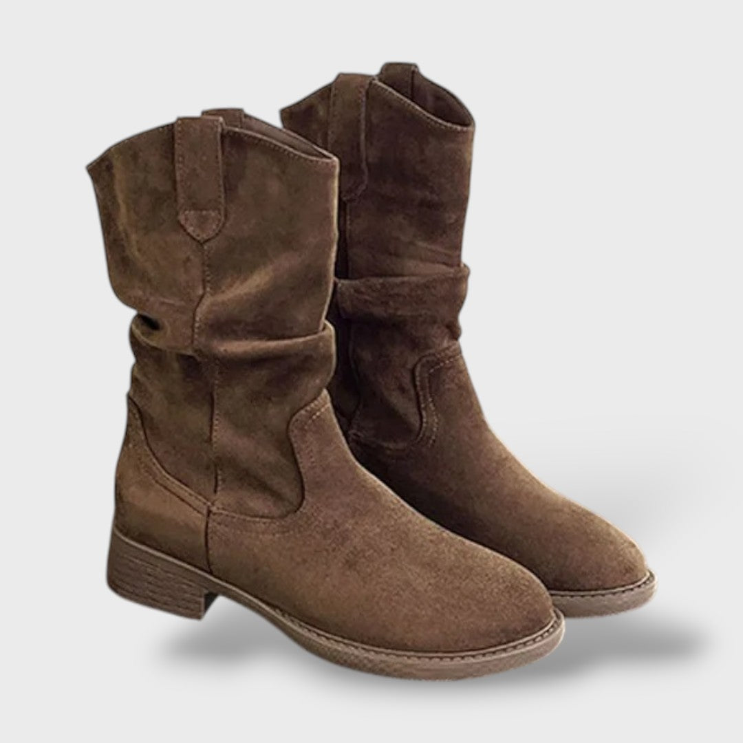 Mid-Calf Suede Boots with Chunky Heel Cowboy Style