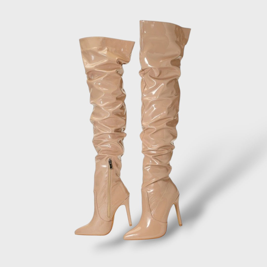High Glossy Patent Leather Knee-High Boots with Stiletto Heel