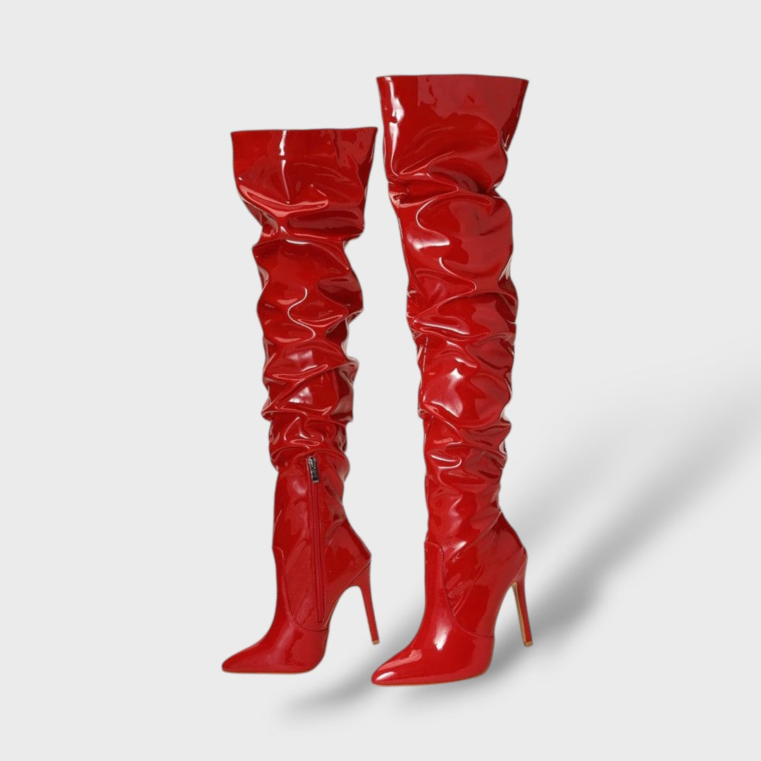 High Glossy Patent Leather Knee-High Boots with Stiletto Heel