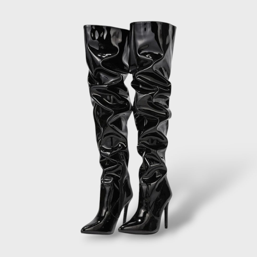 High Glossy Patent Leather Knee-High Boots with Stiletto Heel