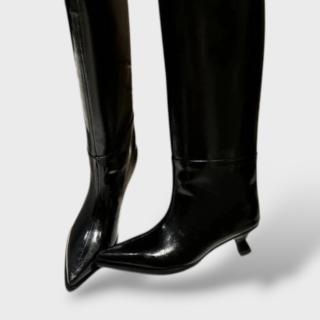 High Leather Boots with Low Heel
