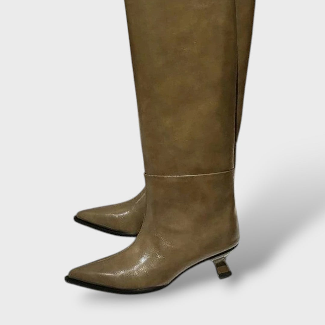 High Leather Boots with Low Heel